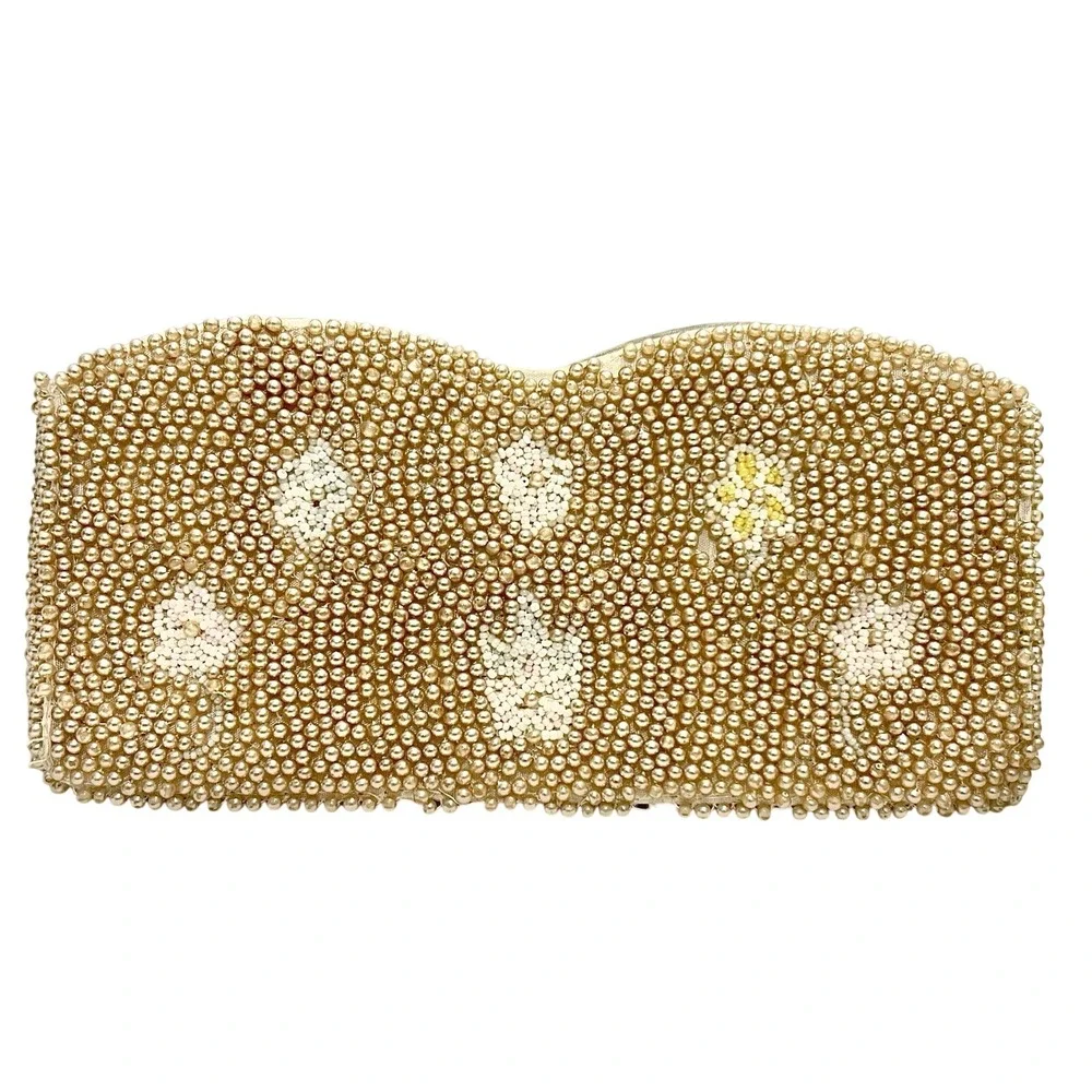 Vintage Faux Pearl Beaded Clutch Purse‎ Flower Zip Top Champagne Beige Bridal